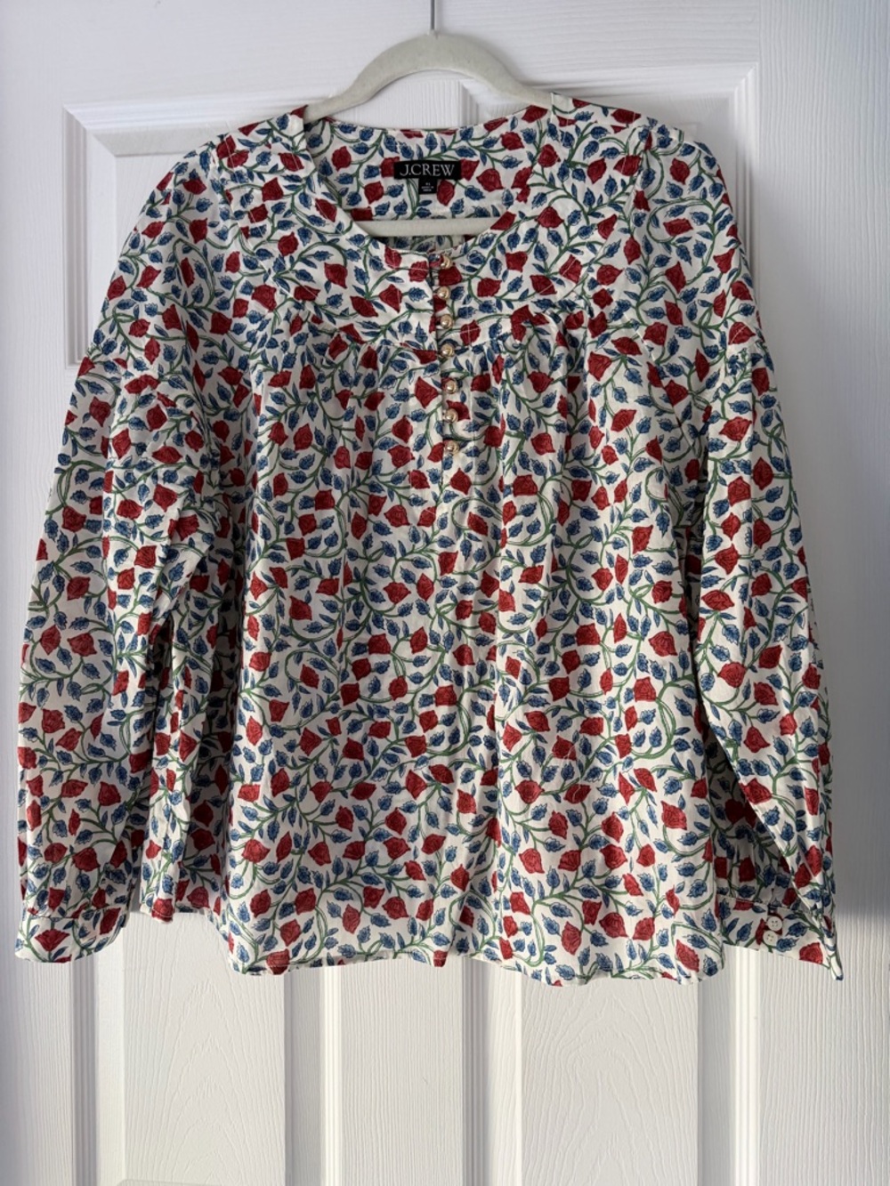 J.Crew Cream Floral Button-Up Long Sleeve Blouse with Red & Blue Print